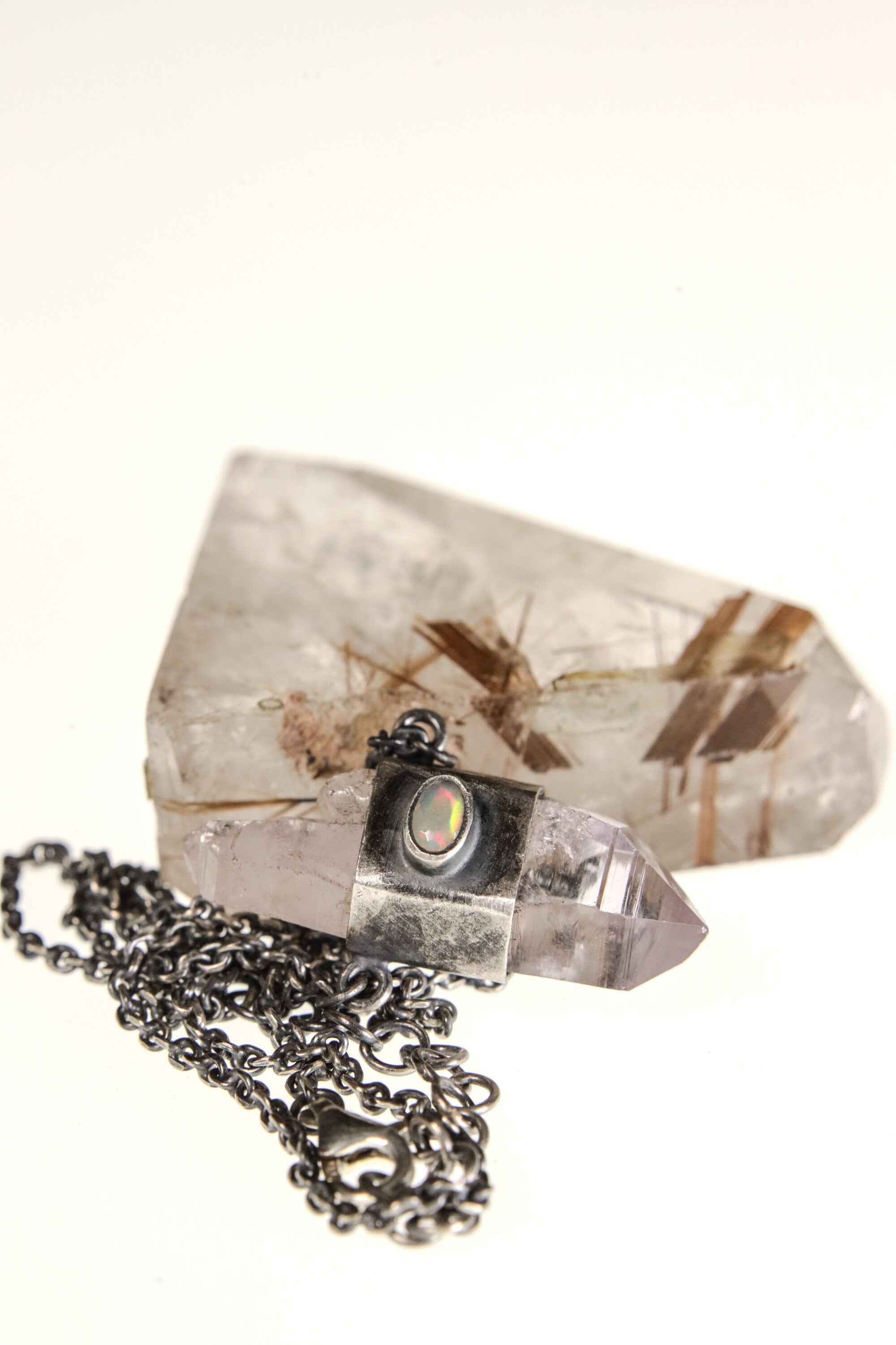 Luminous Triad Elegance: Double Terminated Vera Cruz Amethyst, Ethiopian Opal, and Blue Moonstone - Sterling Silver Crystal Pendant - NO/01