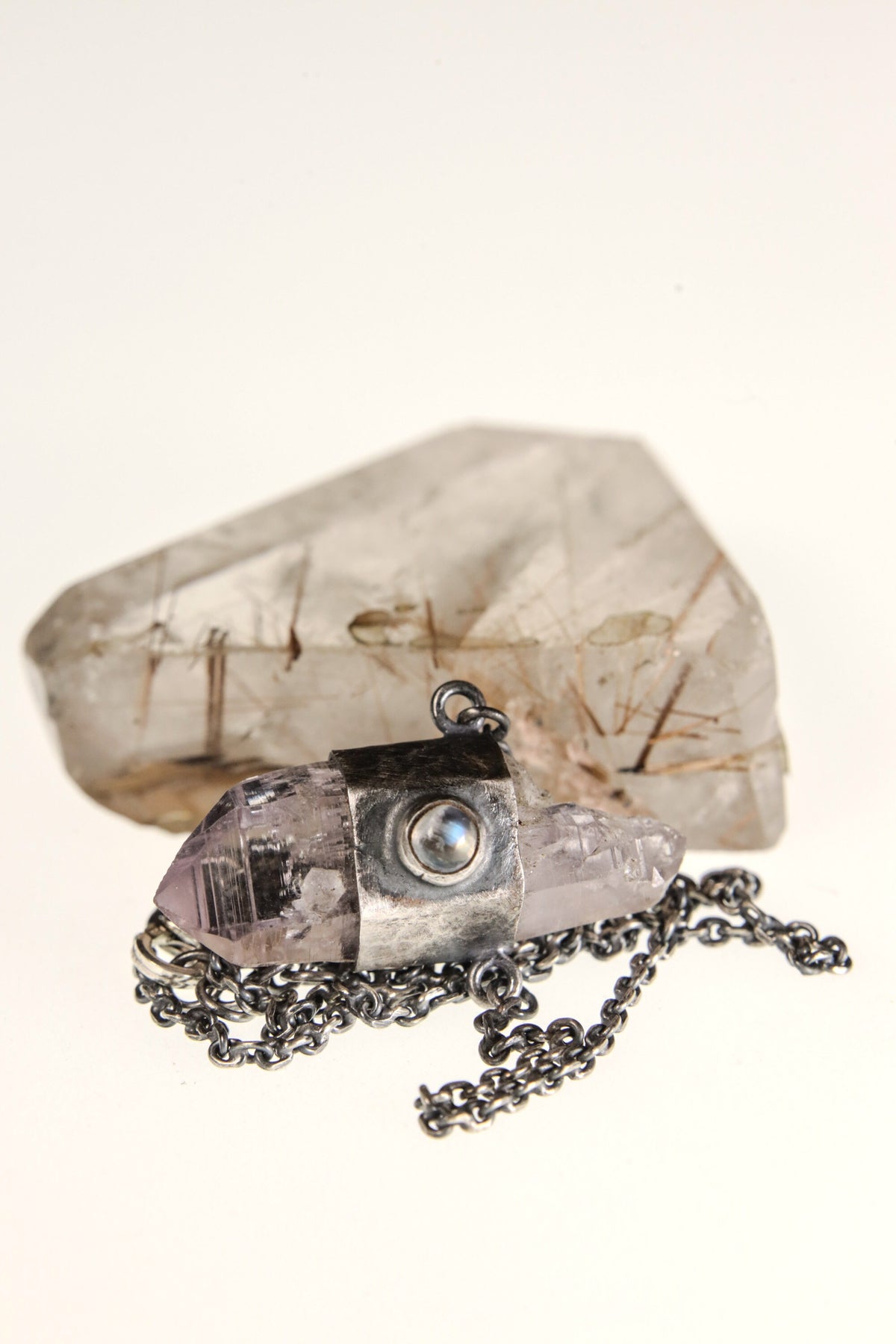 Luminous Triad Elegance: Double Terminated Vera Cruz Amethyst, Ethiopian Opal, and Blue Moonstone - Sterling Silver Crystal Pendant - NO/01